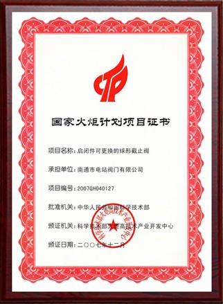 國家火炬計(jì)劃項(xiàng)目立項(xiàng)證書
